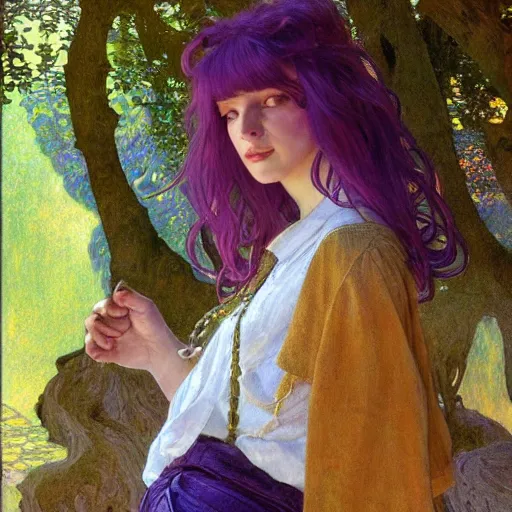 Image similar to A woman with violet hair and long pixie haircut in shorts and white shirt drawn by Donato Giancola and Jon Foster, frank frazetta, alphonse mucha, background by James Jean and gustav klimt, 4k, volumetric lighting, french nouveau, trending on artstation, octane render, hyperrealistic