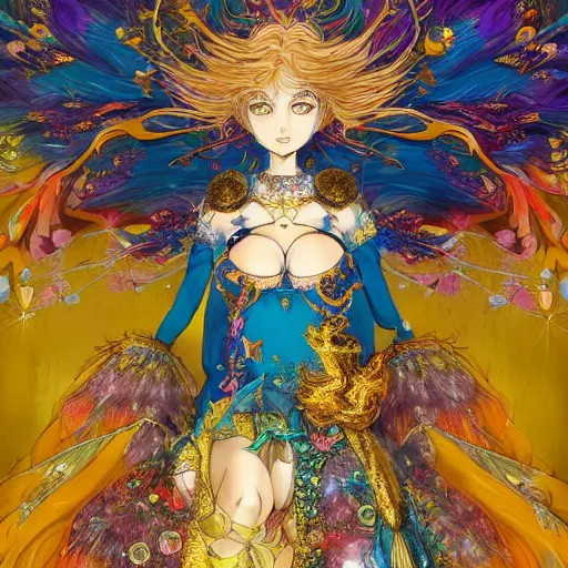 Prompt: realistic anime of a rich ethereal colorful blue hybrid of a peacock and fox damaged zombie, accented in bright metallic gold, wearing star filled mage robes and excessive amounts of golden jewelry and gems, art by yuji ikehata and satoshi kon, background art by miyazaki, realism, proper human proportions, fully clothed, vhs