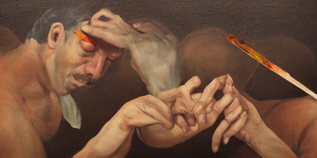 Prompt: a surreal painting of a man removing a nail from his third eye