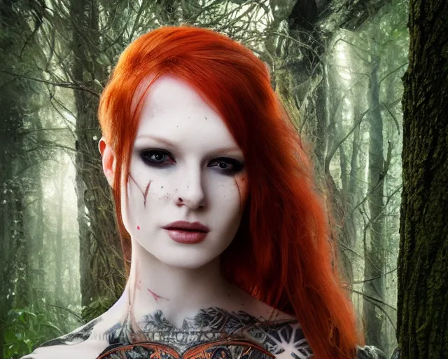 Image similar to 5 5 mm portrait photo of an armored gorgeous anesthetic redhead woman warrior with a face tattoo and horns growing from her head, in a magical forest in the style of stefan kostic, art by luis royo. highly detailed 8 k. intricate. lifelike. soft light. nikon d 8 5 0. cinematic post - processing