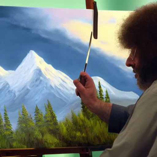 Image similar to a closeup photorealistic photograph of bob ross working on a canvas painting of darth vader. film still. brightly lit scene. mountains and trees. this 4 k hd image is trending on artstation, featured on behance, well - rendered, extra crisp, features intricate detail, epic composition and the style of unreal engine.