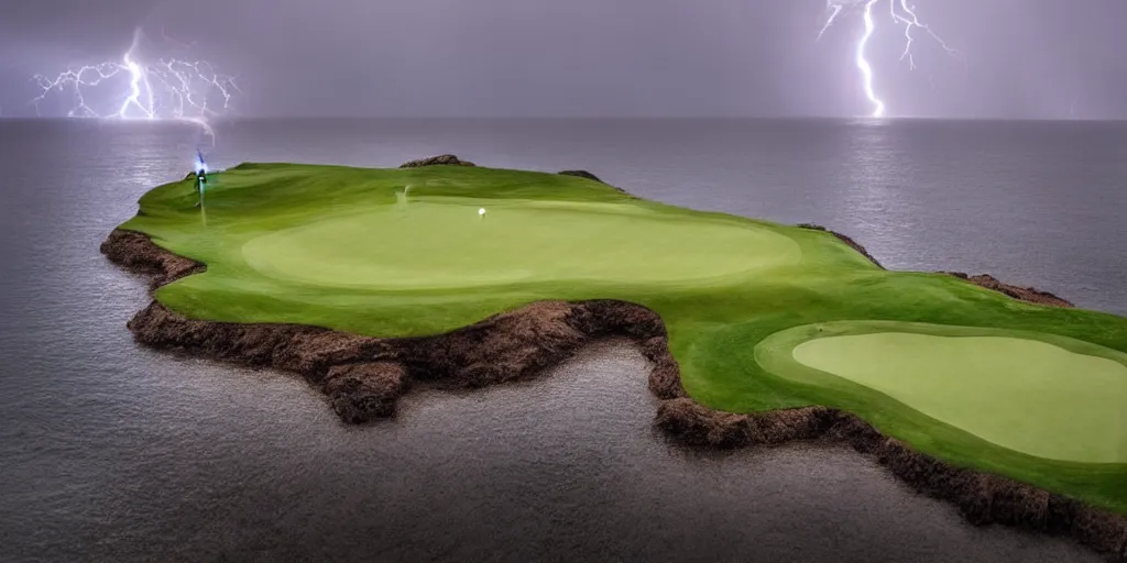 Prompt: a great photograph of the most amazing golf hole in the world, surrounded by water, giant ship wreck, lightning storm, ambient light, golf digest, top 1 0 0, fog