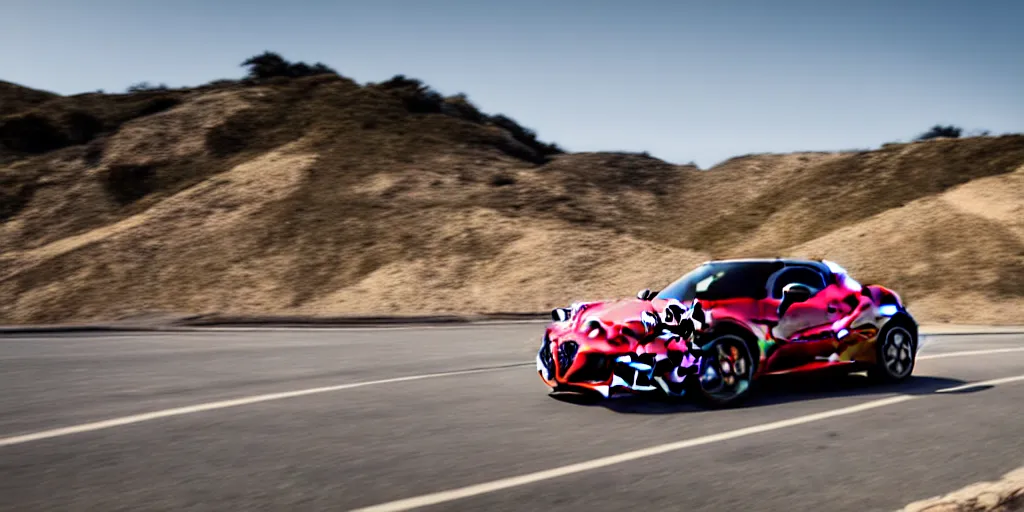 Prompt: photograph, 2015 Alfa Romeo 4C, cinematic, PCH, california coast, 8k, depth of field, bokeh.