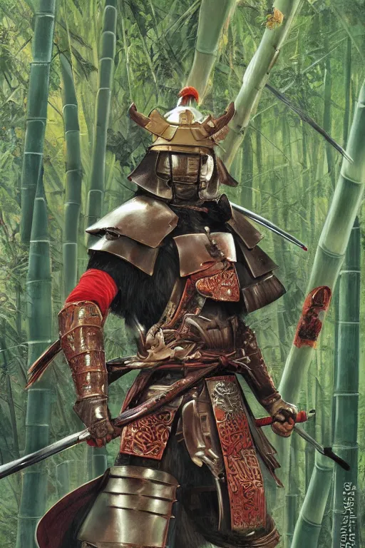 Image similar to close up of samurai warrior in full armor, in a bamboo forest, by huang guangjian and gil elvgren, sachin teng, greg manchess