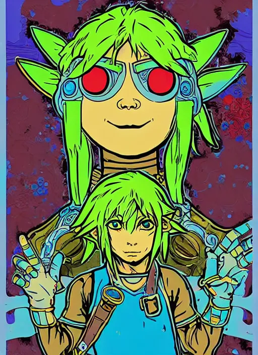 Image similar to biopunk majoras mask link from zelda!! portrait illustration, pop art, splash painting, art by geof darrow, ashley wood, alphonse mucha, makoto shinkai