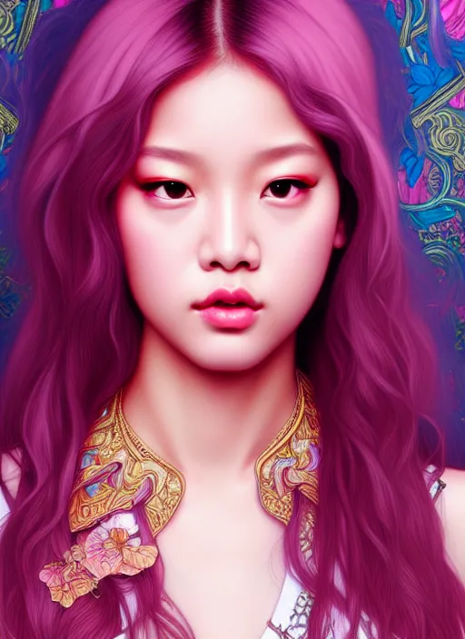 Image similar to jennie of blackpink, queen, tarot card, highly detailed, digital painting, smooth, sharp focus, illustration, ultra realistic, unreal engine, 8 k, art by artgerm and alphonse mucha