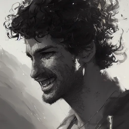 Prompt: a young man with curly brown hair, a light beard, smiling, dramatic lighting, illustration by greg rutkowski, yoji shinkawa, 4 k, digital art, concept art, trending on artstation