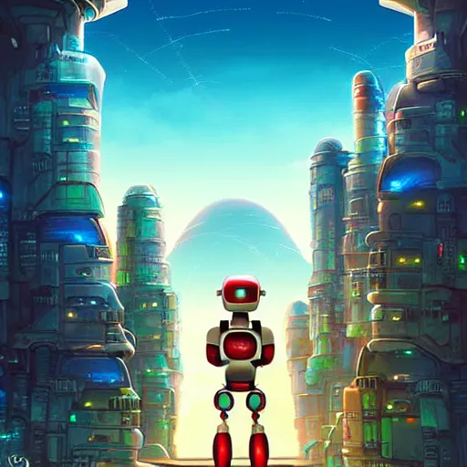 Image similar to film poster, an adventurous boy ( facing the camera ) and his small robot friend, futuristic city backgrond, eleborate composition with foreground and background, depth of field, fantasy illustration by kyoto studio, don bluth!!!, square enix, cinematic lighting