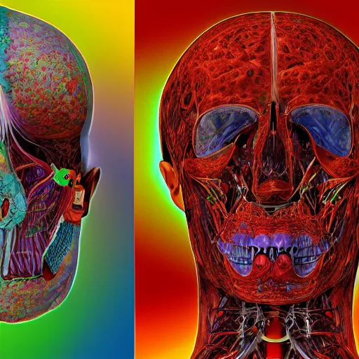 Image similar to insides of a dissected human head turn into a huge coloured power explosion, hyperrealistic medical photo, anatomically correct, realistic textures + section model, 8 k,