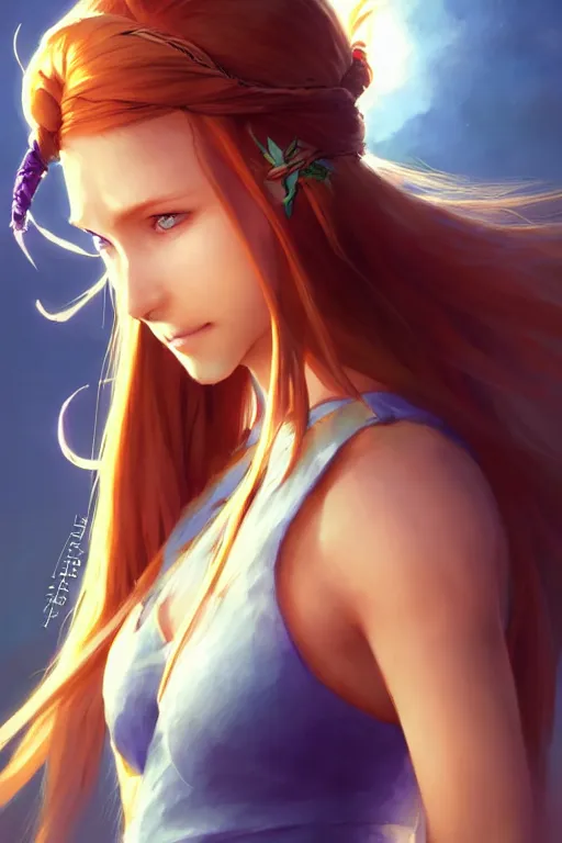 Image similar to long ginger hair, tanned woman in a prehistoric outfit, green eyes, by artgerm, hair tied in a ponytail, white backdrop, soft lighting, blue and purple colors, by greg rutkowski makoto shinkai takashi takeuchi