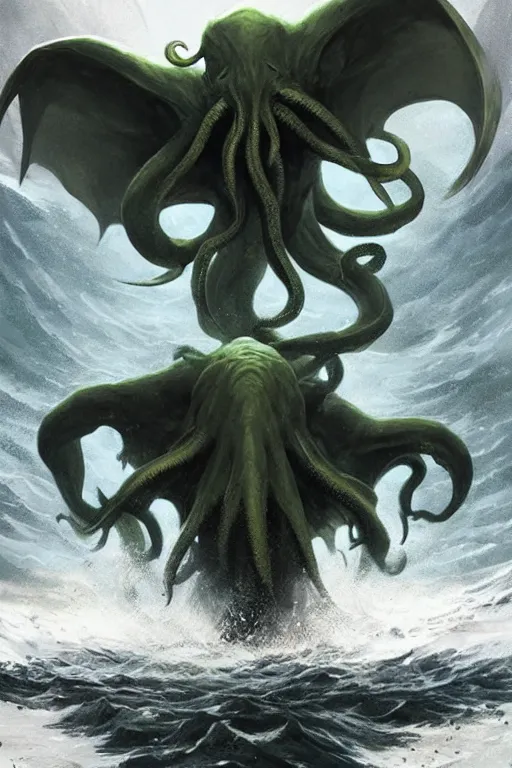 Image similar to cthulhu rising from the ocean with wings spread, digital art, magic the gathering, mtg, by greg rutkowski, trending on artstation