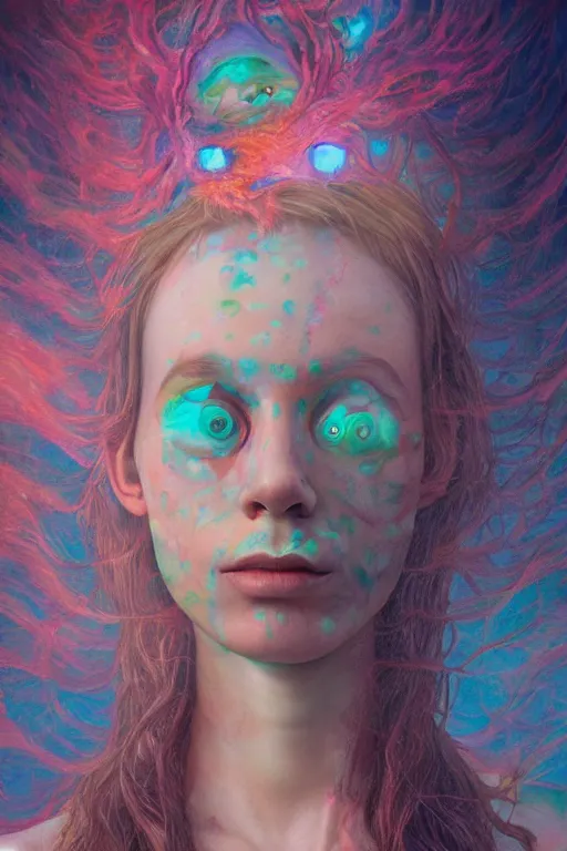 Image similar to acid tripping midsommer girl third eye open, chakra energy waves resonating from her body, ethereal aura, epic surrealism 8k oil painting, portrait, perspective, high definition, post modernist layering, by Sean Yoro, Gerald Brom