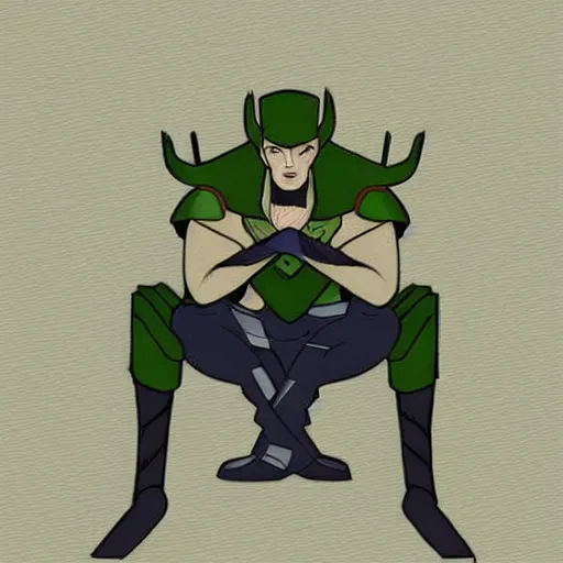 Image similar to this illustration is concept art for the comic book character of loki, the norse god of mischief sitting on a chair with his legs crossed. he is looking at something off to the side, and his expression is one of concentration or deep thought. the background is a simple, two - tone gradient. the colors are muted and calming, giving the image an overall peaceful feeling.