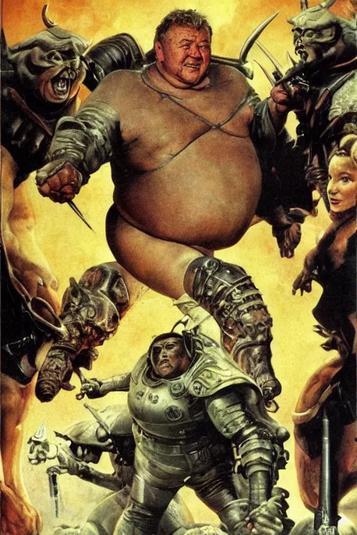 Prompt: focus on ray winstone as a fat scifi warrior exploring an alien temple, by norman rockwell and boris vallejo