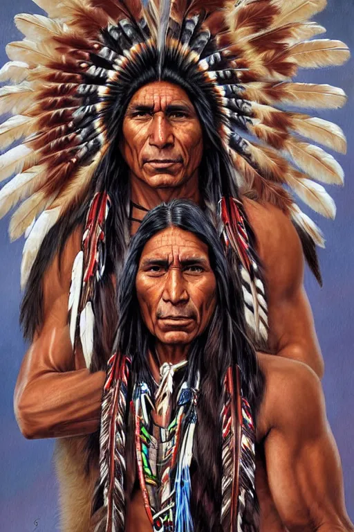 Image similar to thin native American Indian man in his early 30s, by Steve Henderson, Sandra Chevrier, Alex Horley