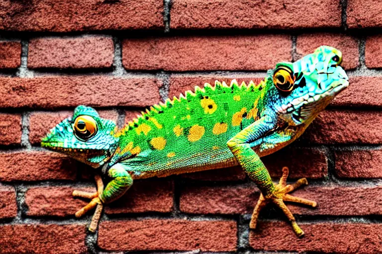 Prompt: a chameleon with leopard fur sitting on a brick wall, highly detailed, 8K, supersharp photo, depth of focus, full body, unusual photo angle