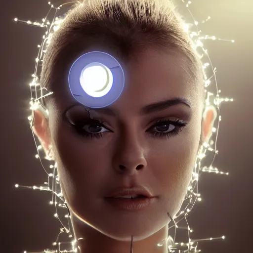 Image similar to beautiful centered Fine art photo portrait of young Carmen Electra daydreaming as a solarpunk robotic humanoid, white mechanical parts with led lights, photorealistic, white background, highly detailed and intricate, sunset lighting, HDR 8k