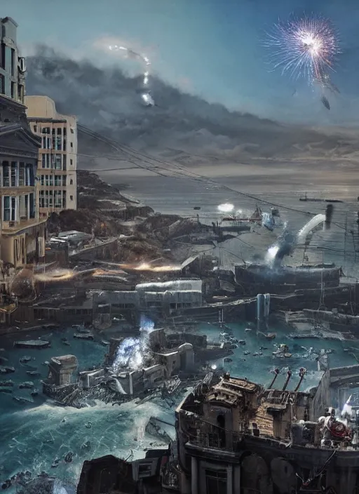 Image similar to hyper realistic squid robot attacking cape town city, table mountain explosions, atmospheric beautiful details, strong composition drawn in ink by kim jung giu weta studio rutkowski, james gurney and greg rutkowski, and lucasfilm