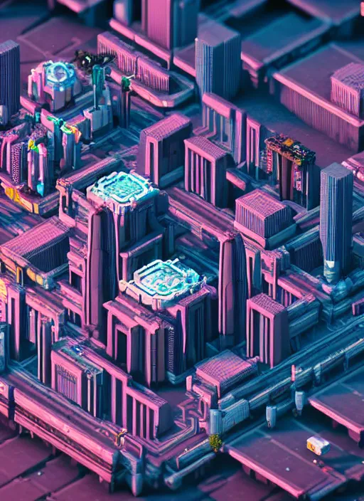 Image similar to voxel art of cyberpunk city from top view, au naturel, hyper detailed, digital art, trending in artstation, cinematic lighting, studio quality, smooth render, unreal engine 5 rendered, octane rendered, art style by klimt and nixeu and ian sprigger and wlop and krenz cushart and pixar