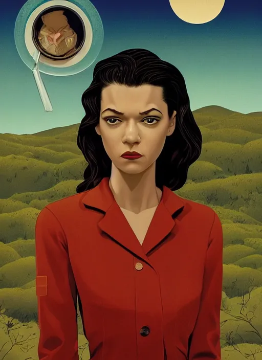 Image similar to Twin Peaks poster artwork by Michael Whelan, Bob Larkin and Tomer Hanuka, Karol Bak of Zendaya is a high school student working at the diner wearing waitress dress, from scene from Twin Peaks, simple illustration, domestic, nostalgic, from scene from Twin Peaks, clean