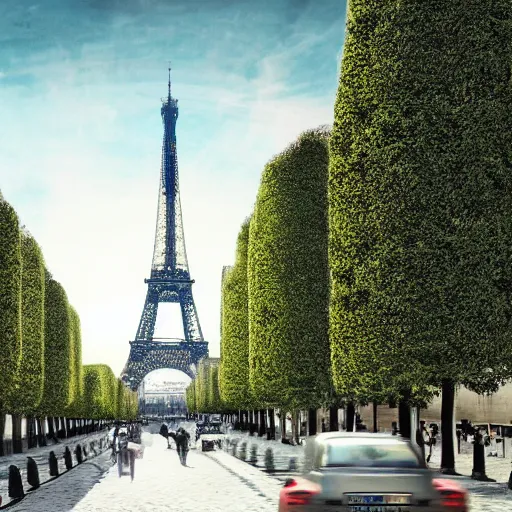 Prompt: paris in the year 2 0 7 1. realistic, sci - fi, futurist photography of paris landscape with crazy skyscrapers, rockets and a lot of trees