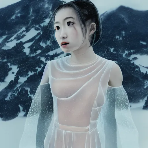 Prompt: a instax photo of a petite japanese girl in a transparent sheer fabric dress on the fuji mountain, snow, hyperrealistic, hyperdetailed, octane render, 8 k