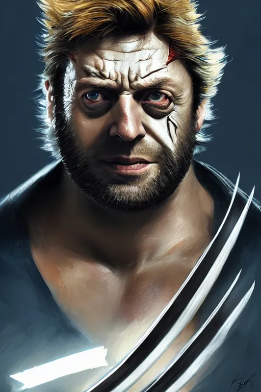 Image similar to Boris Johnson as Wolverine, shining claws, X man costume, portrait, highly detailed, digital painting, artstation, concept art, smooth, sharp focus, illustration, cinematic lighting, art by artgerm and greg rutkowski and alphonse mucha