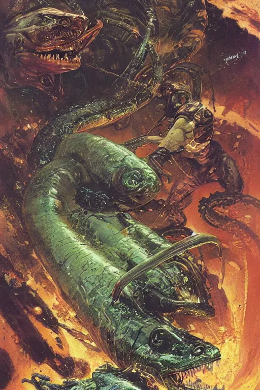 Image similar to huge slimy salamander attacks, dynamic action on alien planet, by norman rockwell, jack kirby, jon berkey, earle bergey, craig mullins, ruan jia, jeremy mann, tom lovell, marvel, astounding stories, 5 0 s pulp illustration, scifi, fantasy