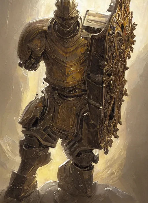 Image similar to dynamic portrait of a intricate glorious holy mechanical warforged character in yellow armor holding a paladin engraved great longsword and carrying a big paladin shield, spotlight from face , epic , trending on ArtStation, masterpiece, cinematic lighting, by Jesper Ejsing and by Yoann Lossel and by John Salminen and by Jackson Pollock and by Marc Simonetti