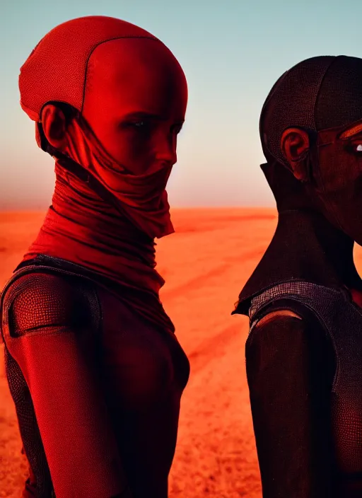 Image similar to cinestill 5 0 d photographic portrait by steve mccurry of two loving female androids wearing rugged black mesh techwear on a desolate plain with a red sky, extreme closeup, cyberpunk style, dust storm, 8 k, hd, high resolution, 3 5 mm, f / 3 2, ultra realistic faces, ex machina
