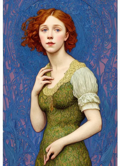 Image similar to intricate art nouveau portrait oil painting of redheaded young millie bobby brown with long hair blowing in the wind, wearing an intricate green lace dress, highly detailed, intricate golden symmetric pattern background, elegant, digital painting, smooth, sharp focus, illustration, ultra realistic, 8 k, by bouguereau, alphonse mucha, artgerm, and donato giancola