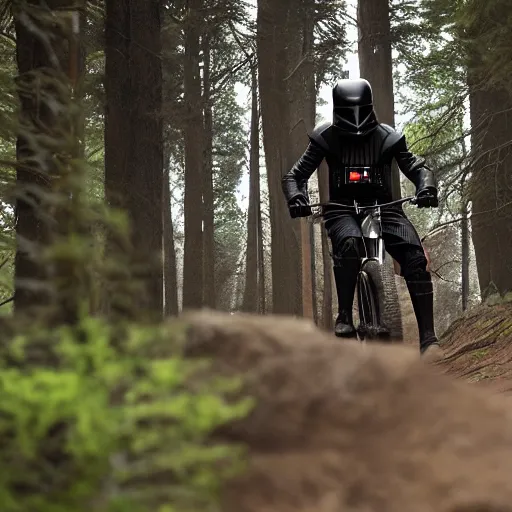 Image similar to darth vader ist riding a mountainbike fast through a burning forrest