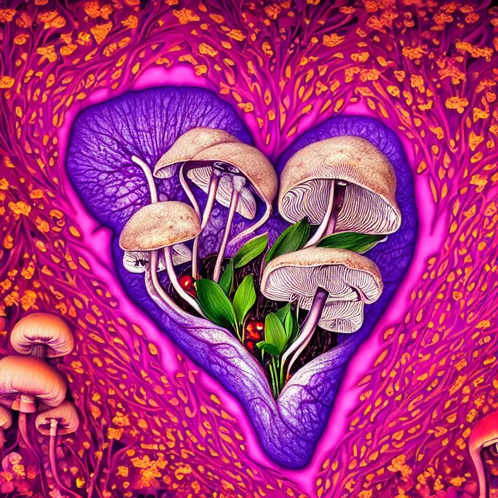 Image similar to extremely psychedelic organic human heart made of orchid and cherry blossom tree and mushroom, LSD heart, diffuse lighting, fantasy, intricate, elegant, highly detailed, lifelike, photorealistic, digital painting, artstation, illustration, concept art, smooth, sharp focus, art by John Collier and Albert Aublet and Krenz Cushart and Artem Demura and Alphonse Mucha