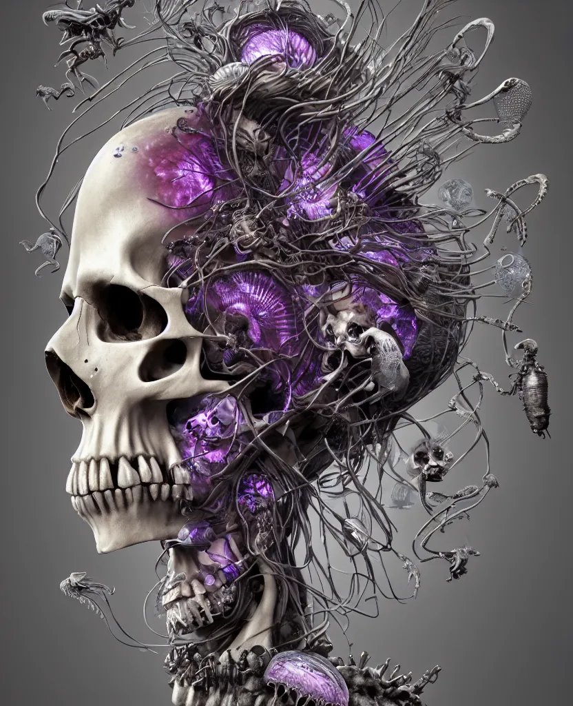 Prompt: goddess close-up portrait skull with mohawk, ram skull, skeleton, thorax, x-ray, backbone, jellyfish phoenix head, nautilus, orchid, skull, betta fish, bioluminiscent creatures, intricate artwork by Tooth Wu and wlop and beeple. octane render, trending on artstation, greg rutkowski very coherent symmetrical artwork. cinematic, hyper realism, high detail, octane render, 8k