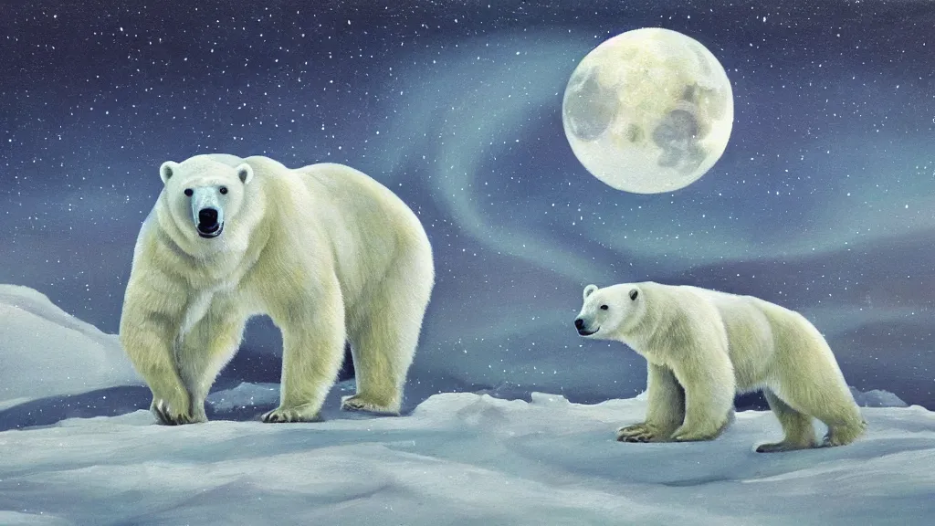 Image similar to an oil painting of a polar bear traversing a snowy landscape at night, the northern lights and the moon are visible