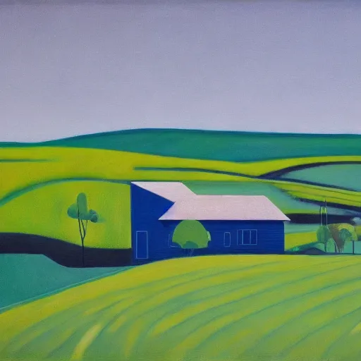 Image similar to dreaming futuristic rural landscape with modern houses, painted by Alex Katz and Edward Hopper, airbrush, highly detailed