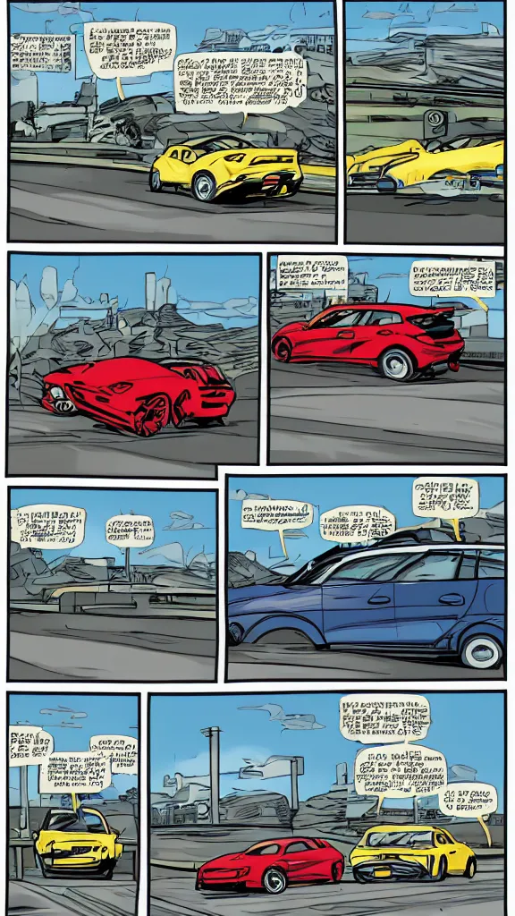 Image similar to comic book style page with three images: one of a car driving at high speed with view from far away on the highway,a second view from behind the wheel of said car, and that last one of the car crashing into a toll station