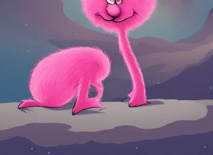 Prompt: dr. seuss sad lonely pretty pink fluffy depressed creature on an island | female | cute but very sad | pity | midnight paintings | intricate detail | bold colors | illustration | lonely barren dreary island | detailed environment