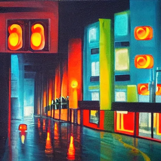 Image similar to city streetscape, dark road with cars, people at night, tall buildings with shops below at street level, neon lights above shops, headlights and stop lights illuminating surroudings, raining, very dark lighting, abstract oil painting, 1 9 8 2 aesthetic