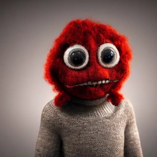 Prompt: woollen sock puppet from hell, missing an ear, big bobbly eyes, octane render, volumetric lighting, smokey atmosphere, rim lighting, glow lights, sharp focus, clear focus, soft shadows, highly intricate, hdr, creepy, clown vibes, textures, 8 k, 4 k, cinematic pose, trending on artstation, deviantart, award winning, contest entry