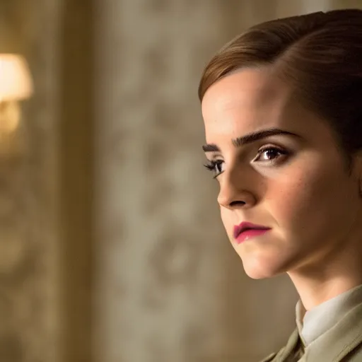 Prompt: Emma Watson in Inglorious Basterds, Movie still, XF IQ4, 50mm, F1.4, studio lighting, professional, 8K, Look at all that detail!