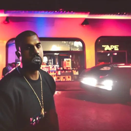 Prompt: blurry, gopro footage of kanye west eating at taco bell, cinematic, volumetric lighting, night, rain