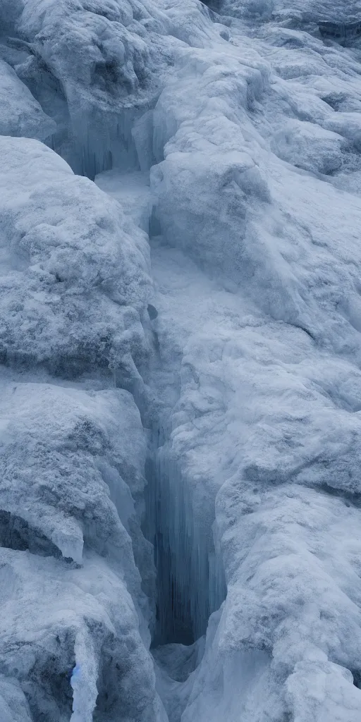 Image similar to a frozen canyon, minimalist structure, covered in ice, in the style of reuben wu, roger deakins