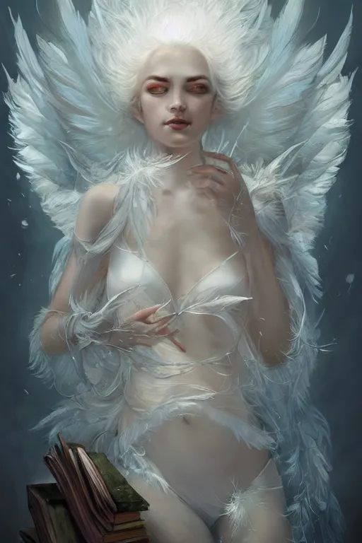 Prompt: beautiful ghost model wearing crystal white feathers, holding books, queen of storytelling, diamonds, angel, fantasy, dramatic lighting, highly detailed, digital painting, magic the gathering, hyper detailed, 3 d render, hyper realistic detailed portrait, peter mohrbacher, wlop, ruan jia