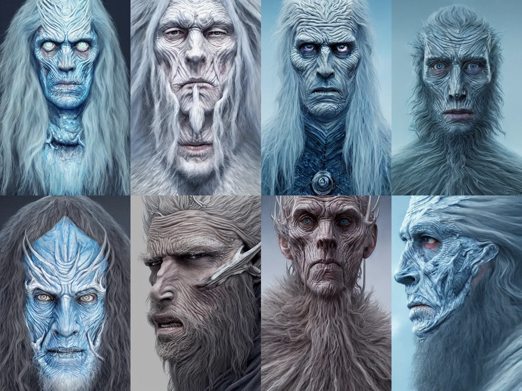 Prompt: a portrait of a the white walker with long hairs, art by James Jean and Wayne Barlowe, high detail, cinematic, cgsociety 8k