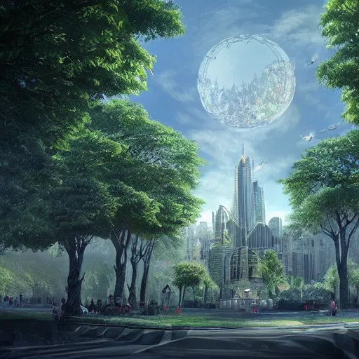 Prompt: a massive tree in the center of the frame with city buildings around it. life is based off this tree and revolves around it, high detail, concept art, beautiful