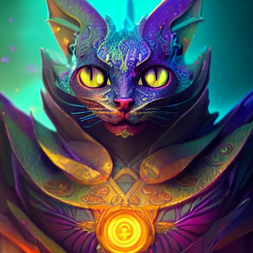 Prompt: beautiful colorful dragon cat. intricate portrait, occult cyberpunk, ancient futuristic, dark art, occult. by Petros Afshar, by artgerm, by Eddie Mendoza, by Peter mohrbacher, octane render, 3d, unreal engine, depth of field, bokeh, motion blur, blur