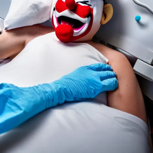 Image similar to confused laughing clown lying in hospital bed with wrist restraints on, restraint fabric straps attached to hospital bed, photograph, 8 k