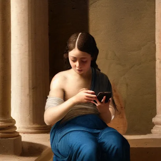 Image similar to a roman painting of a girl playing on her phone, 5 0 mm lens, f 1. 4, sharp focus, ethereal, emotionally evoking, head in focus, volumetric lighting, 8 k