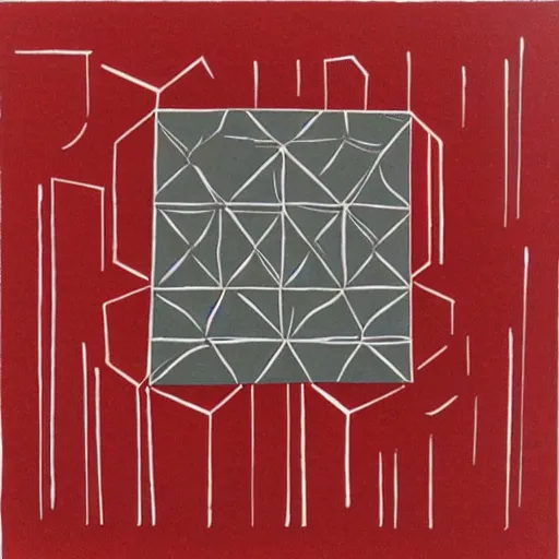 Prompt: chrome spheres on a red cube, linocut